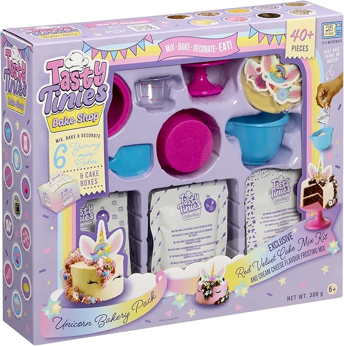 Goliath Tasty Tinies Bake Shop | Unicorn Bakery Party Pack | Red Velvet Cake Mix & Cream Cheese Flavor Frosting | Mix, Bake & Decorate 6 Real Mini Cakes | Includes Mini Tools & Ingredients | Ages 6+