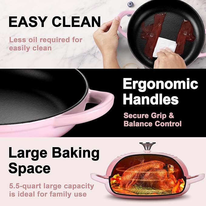 P&P CHEF Bread Dutch Oven for Sourdough, 5.5 Quart Enameled Cast Iron Dutch Oven Pot with Lid for Homemade Bread Baking, Easy to Clean & Even Heat, Pink
