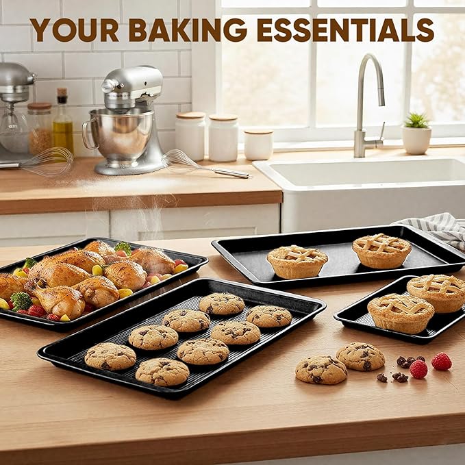 Nonstick Baking Sheet Pan Set of 3, Heavy Duty Cookie Sheets for Oven with Stripe Texture Pattern, 0.6mm Thick Quarter/Half/Jelly Roll Pans, Rust-Resistant & Easy Clean (Black)