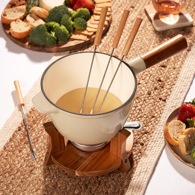 Twine Farmhouse Kitchen Enamel Cast Iron Set Cheese Melting Fondue Pot Metal Stainless Steel Forks and Wood Stand, Beige Set of 1
