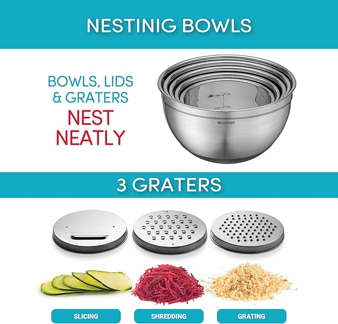 Belwares Mixing Bowls with Airtight Lids - 8PCS Stainless Steel Nesting Mixing Bowls Set Non-Slip with 3 Grater Attachments, Kitchen Bowls, Sizes 5, 4, 3.5, 2, 1.5QT for Baking & Food Prep (Black)