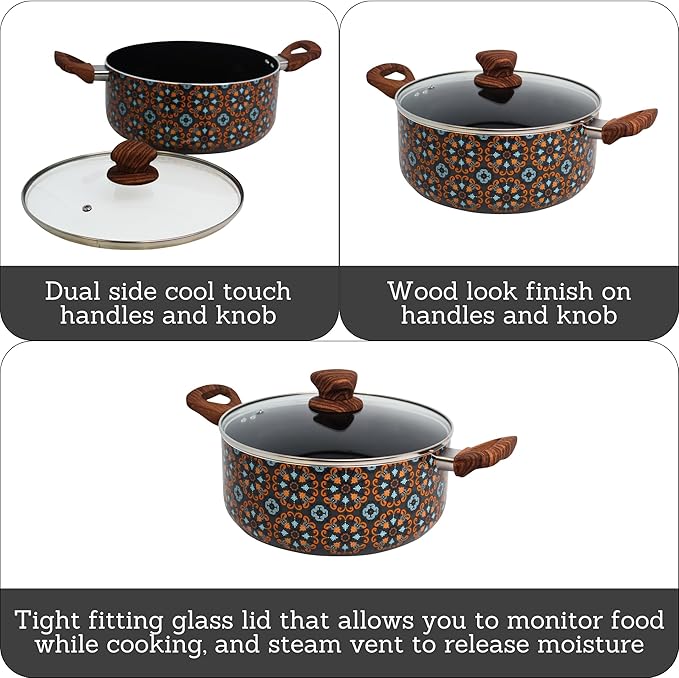 IMUSA 4.8qt Talavera Aluminum Black Ceramic Dutch Oven with Glass Lid & Wood Look Handles
