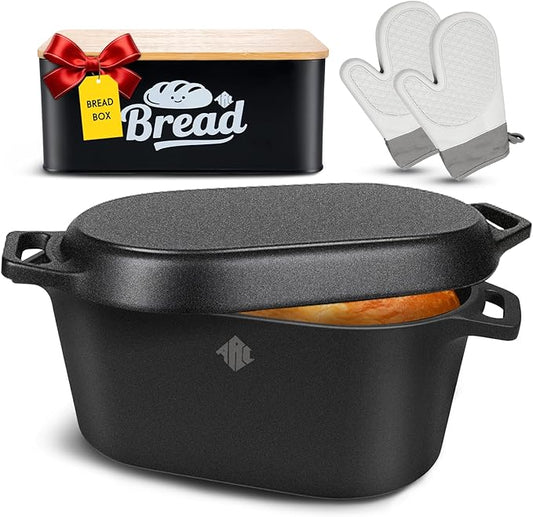 ARC Dutch Oven for Bread Baking Includes Bread Box & Heat-Resistant Oven Mitts, 3.6QT Oval Cast Iron Bread Loaf Pan with Lid, Bread oven for Sourdough, Sourdough Starter Kit