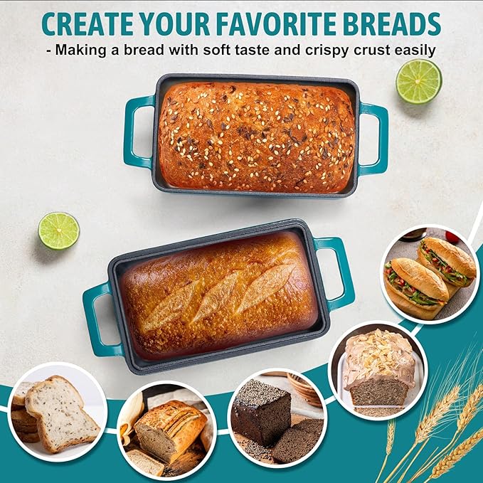 P&P CHEF 2-In-1 9 x 5 Inch Cast Iron Loaf Pan with Lid (Dark Green), Bread Loaf Pans for Baking Homemade Sourdough Bread, Meatloaf, Toast, Cake, Nonstick & Healthy & Sturdy, 2 Piece Set