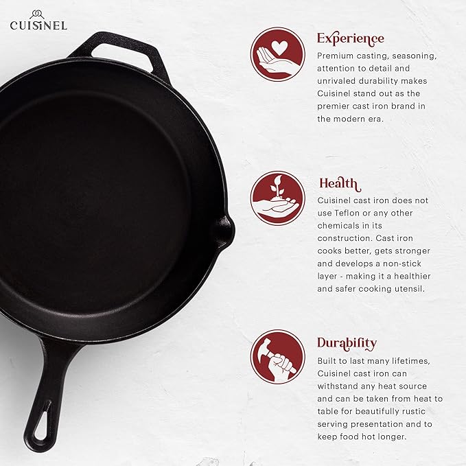 Cuisinel Cast Iron Skillet with Lid - 12"-Inch Frying Pan + Glass Cover + Silicone Handle Holder - Pre-Seasoned Oven Safe Cookware - Indoor/Outdoor Use - Grill, BBQ, Fire, Stovetop. PFAS and PFOA-free