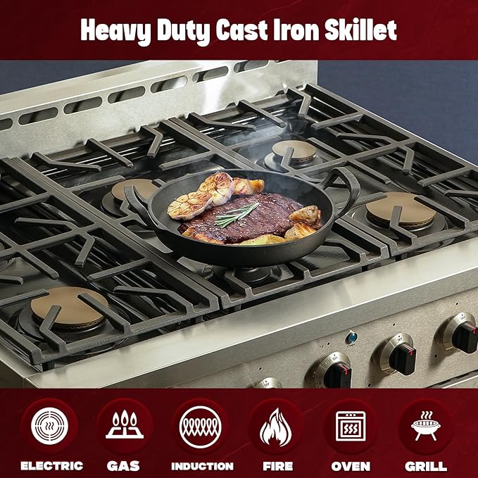 onlyfire Pre-Seasoned Cast Iron Skillet, Round Frying Pan with Nonstick Grill Surface and Dual Handles, 10 Inch Cast Iron Pan - Compatible With All Stovetops - Oven Safe & Rust Resistant