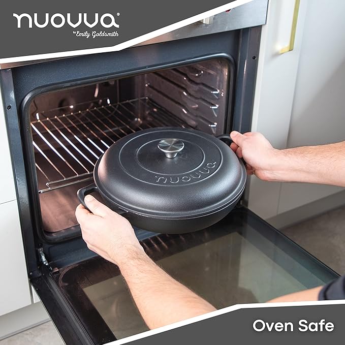 Cast Iron Dutch Oven with Lid – Non Stick Shallow Dutch Oven Pot, Oven Safe up to 500° F – Sturdy Cooking Pot – Enamelled Stockpot Cookware – Black, 3.7-Quart, 30cm – by Nuovva