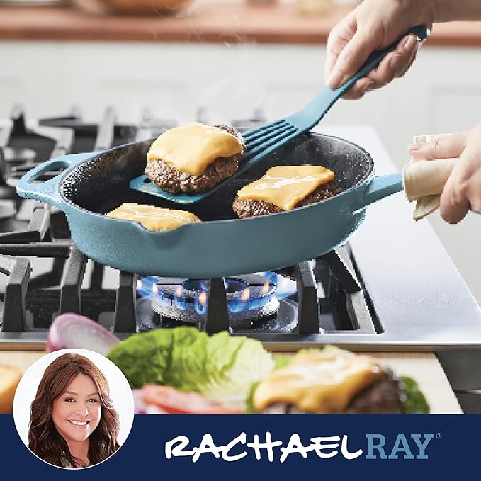 Rachael Ray NITRO Cast Iron Fryin Pan/Skillet with Helper Handle and Pour Spouts, 12 Inch - Agave Blue