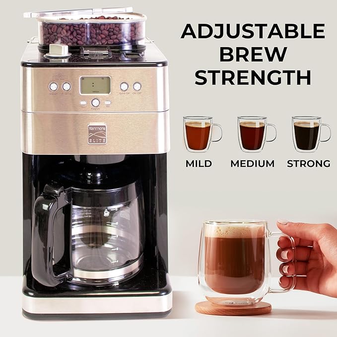 Kenmore Elite Grind and Brew Coffee Maker with Built‑In Burr Grinder, Automatic Drip Machine, 12‑Cup Programmable Brewer, Bean‑to‑Cup Cafetera, Stainless Steel Coffee Maker for Home & Office