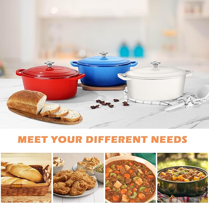TeamFar Oval Dutch Oven, 5qt Enameled Cast Iron Dutch Oven Pot with Lid, For Bread Baking/Stewing/Braising/Frying, Suitable for Various Stoves, Dual Handles & Easy Cleanup, Red