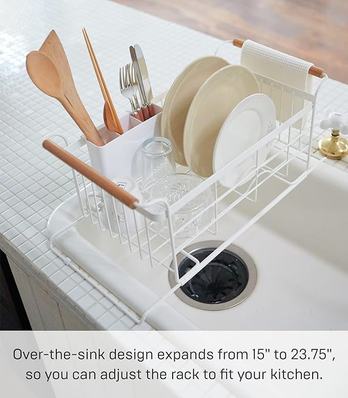 YAMAZAKI Home Tosca Over-The-Sink Dish Rack, Expandable, Plate Drying Organizer, with Cutlery Holder - Steel + Wood -