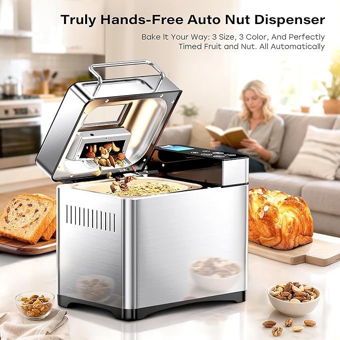 KBS Pro 710W 2LB Bread Maker, Stainless Steel 17-in-1 Smart Bread Machine with Healthy Ceramic Pan, Automatic Nut Dispenser, Tempered Glass Touch Panel, 3 Crust Colors, 15H Timer& Keep-Warm, Recipes