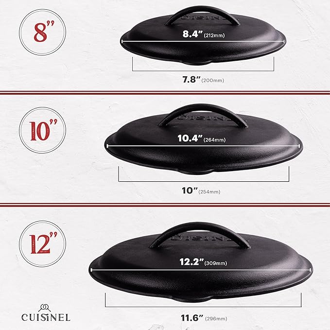 Cuisinel Cast Iron Skillets Set with Lids - 8"+10"+12"-inch Pre-Seasoned Covered Frying Pan Set + Silicone Handle and Lid Holders + Scraper/Cleaner - Indoor/Outdoor, Oven, Stovetop, Fire Safe Cookware