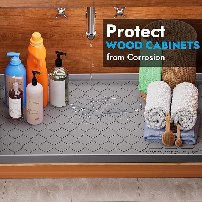 Silicone Under Sink Mat 40" x 22", Kitchen Essentials and Gadgets, Shelf Liner and Cabinet Protector, Home Organizers and Storage, Waterproof Bathroom Tray