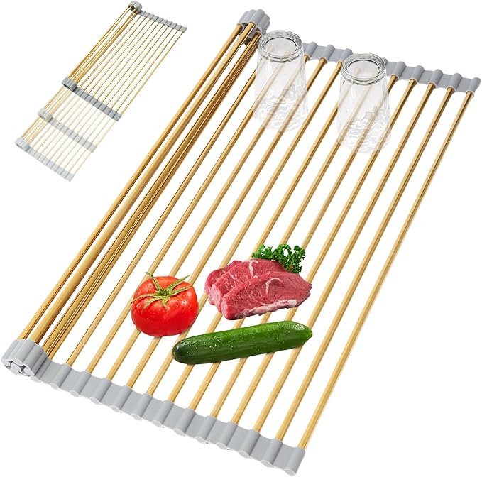 Golden Expandable Roll-UP Dish Drying Rack-Extra Large 304 Stainless Steel Dish Drainer Over The Sink for Kitchen Countertop,Extendable for Most Kitchen Sinks (Gold,22.08'x 13.2')