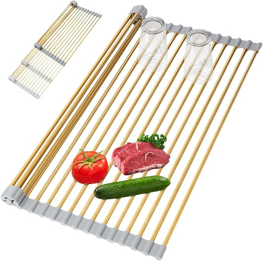Golden Expandable Roll-UP Dish Drying Rack-Extra Large 304 Stainless Steel Dish Drainer Over The Sink for Kitchen Countertop,Extendable for Most Kitchen Sinks (Gold,22.08'x 13.2')