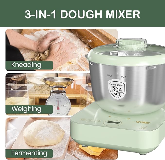 5.2QT Dough Maker with Weighting, Electric Dough Maker with Ferment Function, Face-up Touch Panel, 304 Stainless Steel, Green