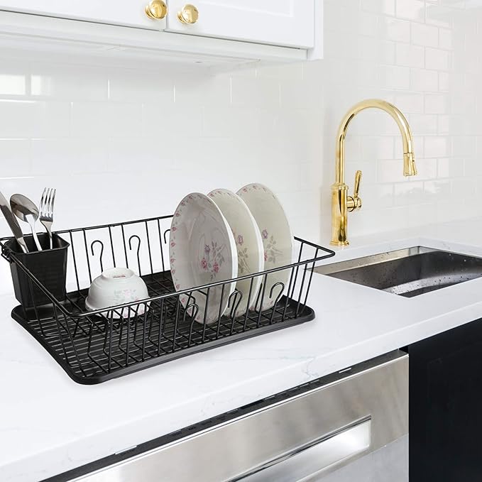 Mega Chef Dish Rack with 14 Plate Positioners and A Detachable Utensil Holder, Black