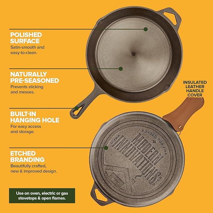 Modern Innovations 10 Inch Cast Iron Skillet, Pre-Seasoned Smooth Polished Surface, Heavy-Duty, Naturally Non-Stick 100% Cast Iron Frying Pan- Saute, Sear & Grill on Campfires, Stoves & Ovens