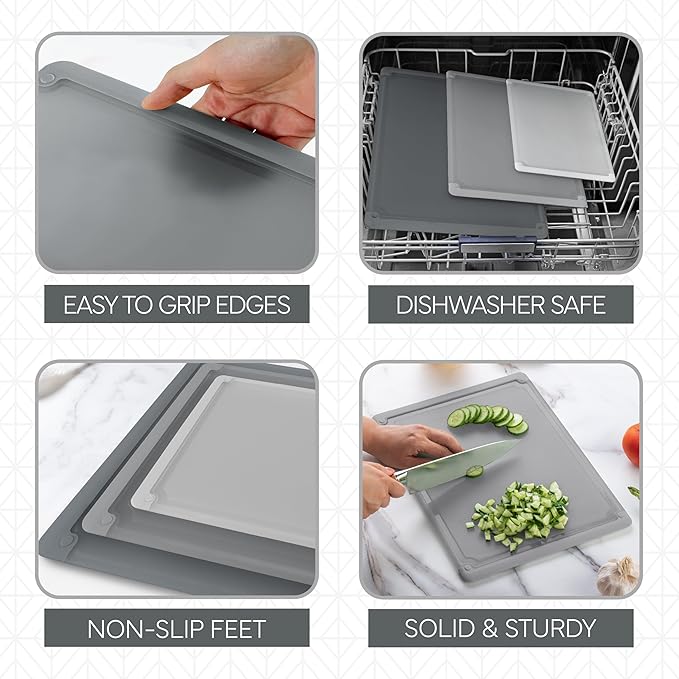 COOK WITH COLOR Extra Large Cutting Board Set, Jumbo-Sized Boards with Rubber Border for Enhanced Cooking Experience, 3-Piece, Grey