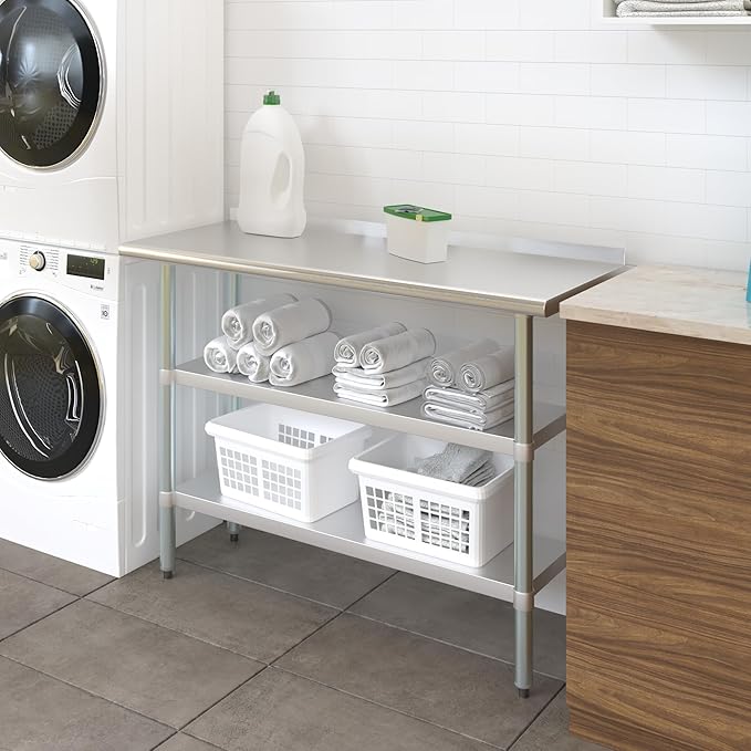 AmGood Stainless Steel Work Table with 1.5" Backsplash and 2 Shelves | NSF (48" Long x 18" Deep)