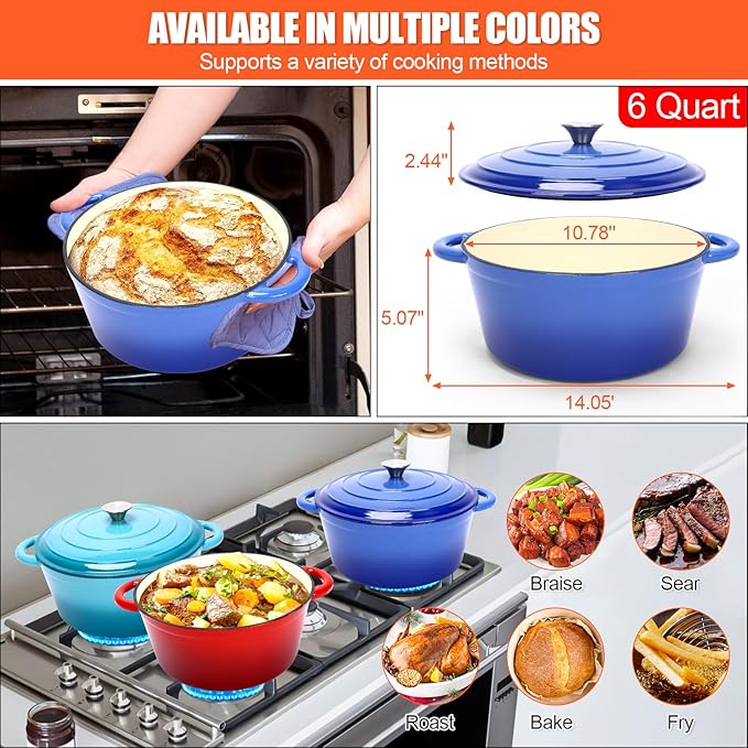 Dutch Oven for Bread Baking, 6QT Enameled Cast Iron sourdough dutch oven with Lid – Includes Proofing Basket, Scoring Lame, Dough Whisk for Sour dough, Bread-making, Blue