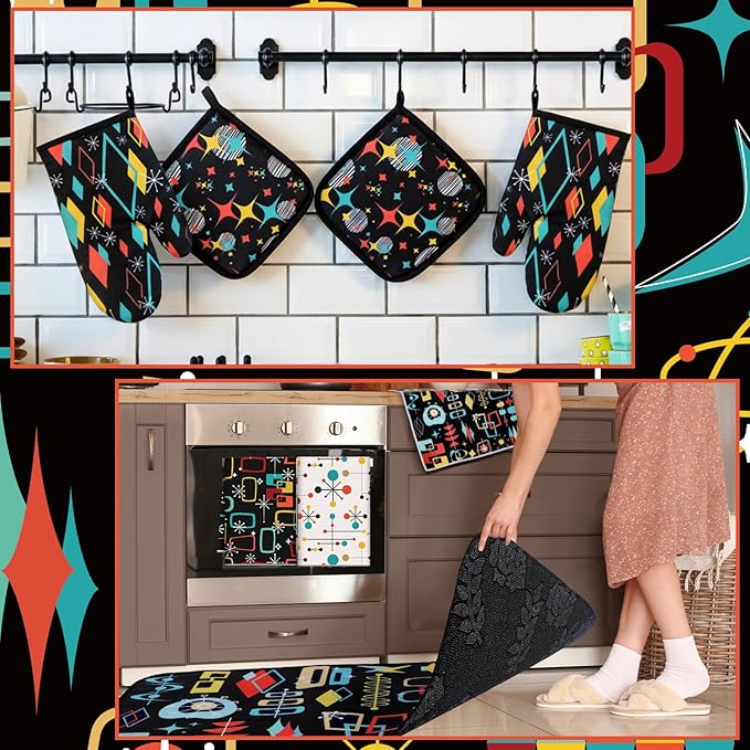 12 Pcs Retro Kitchen Decor Mid Century Oven Mitts and Pot Holders Set Mid Century Kitchen Dish Towels Vintage Abstract Geometric Potholders Rugs Mats for Black White Baking Cooking BBQ Gift