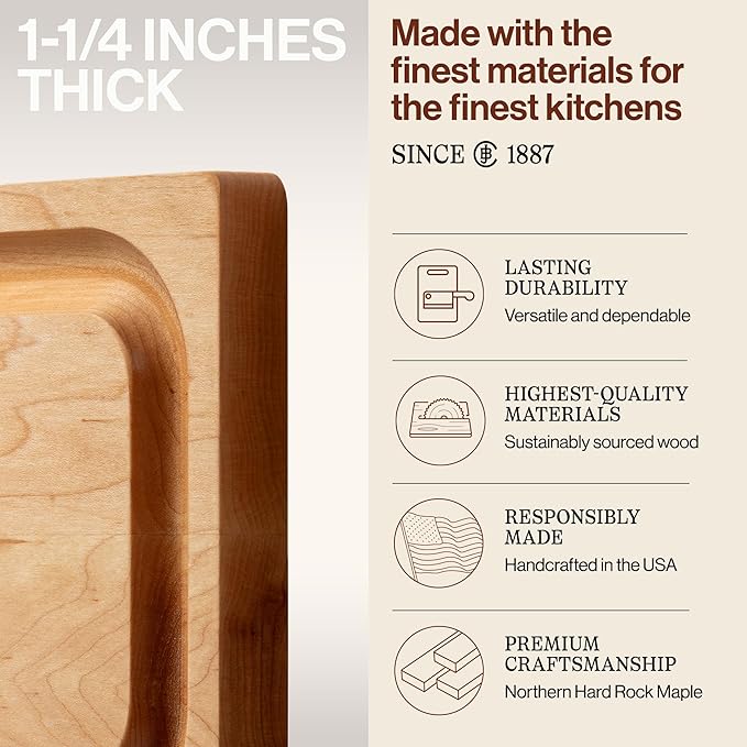 John Boos Chop-N-Slice Series Rectangular Wooden Maple Cutting Board 12”x8” – 1” Thick, 3-lb Reversible Butcher Block with Eased Corners, Juice Groove & Edge-Grain – Made in the USA