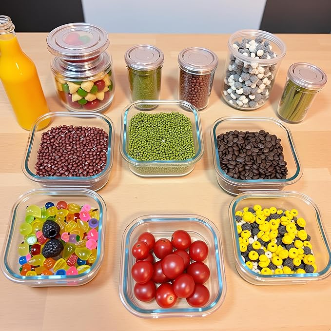 16PC Square Glass Storage Containers With Lids, 2 Cup Square Glass Food Containers With Lids, BPA free Small Meal Prep Bowls for leftovers, Dishwasher, Freezer Safe (8 lids & 8 Containers)