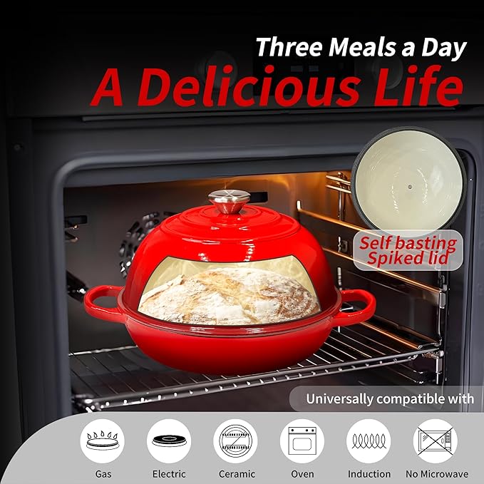 Bread Dutch Oven for Sourdough Bread Baking – Cast Iron Dutch Oven Pot with Lid, Enameled Bread Baker, 6 Quart/26cm Red