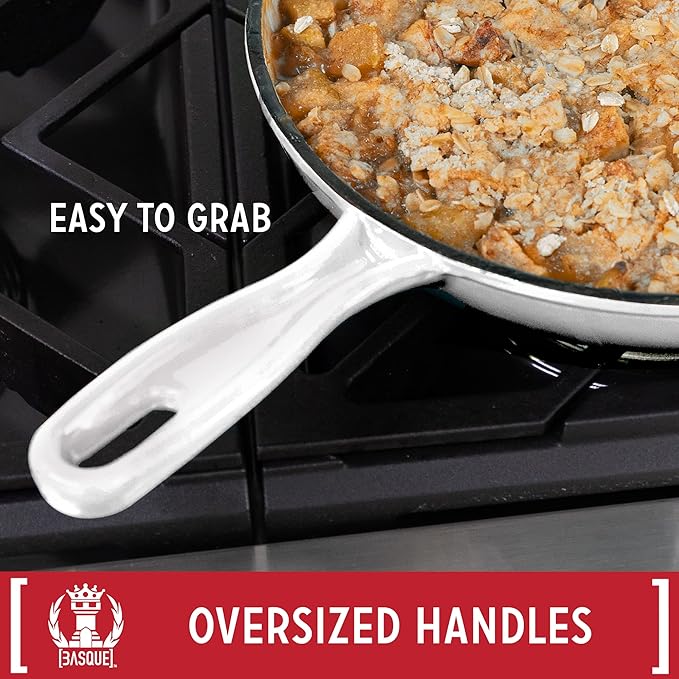 Basque Enameled Cast Iron Cookware Set (Blanc White), 7-Piece Set, Nonstick, Oversized Handles, Oven Safe; 10.25" Skillet, 2QT Saucepan, 2.25QT Small Dutch Oven, 4.75QT Large Dutch Oven