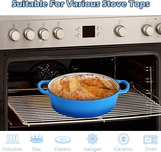 TeamFar Oval Dutch Oven, 5qt Enameled Cast Iron Dutch Oven Pot with Lid, For Bread Baking/Stewing/Braising/Frying, Suitable for Various Stoves, Dual Handles & Easy Cleanup, Blue
