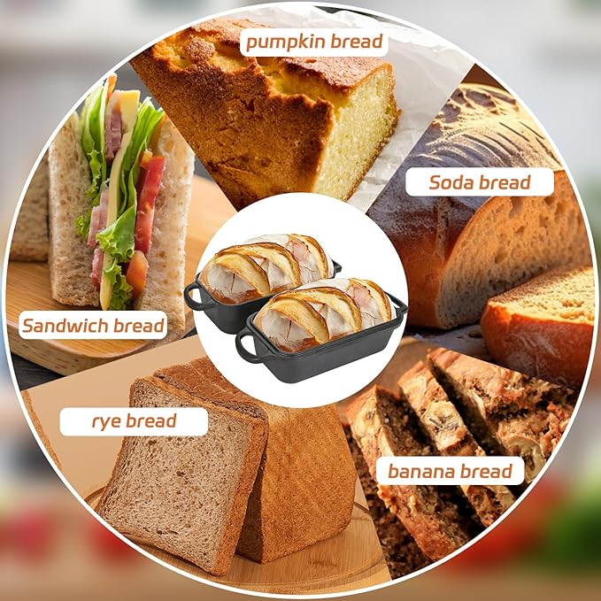 Cast Iron Bread Pan with Lid, Cast Iron Bread Loaf Pan with 2 Silicone Bread Mats, Sourdough Loaf Pan with Lid, Heavy Duty Loaf Pans for Oven Baking Bread, Bread Pans for Homemade Bread(Black)