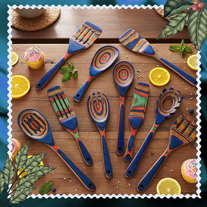 10 Pcs Pakkawood Kitchen Utensils Set Blue Rainbow Pakkawood Wooden Spoons for Cooking with Spatula, Slotted Turner, Rice Paddle Long Handle Non Stick Utensils Set for Household Women Gifts