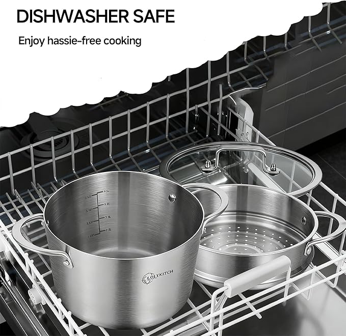 LOLYKITCH Tri-ply Stainless Steel 5 QT Stock Pot with Steamer,Induction Cooking Pot,Pots and Pans,Heavy Duty,Dishwasher and Oven Safe.