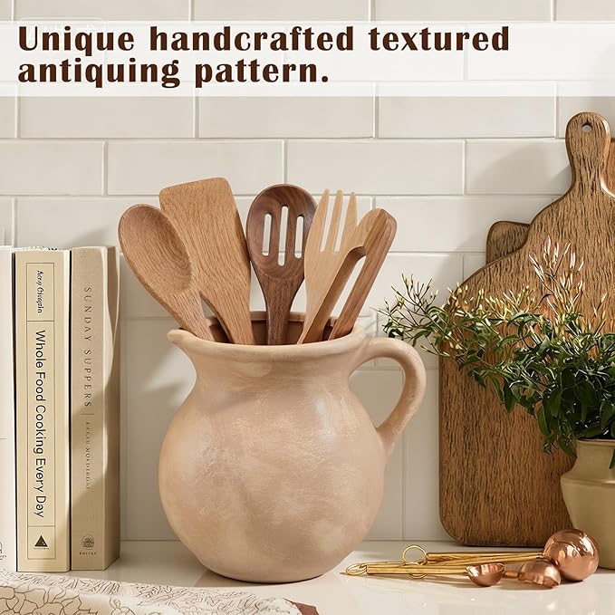 Rustic Kitchen Utensil Holder with Handle,7 Inch Ceramic Vintage Utensil Crock for Countertop, Farmhouse Kitchen Decoration Ceramic Pot for Spatulas Spoons Tongs (Classic,Antique Beige)