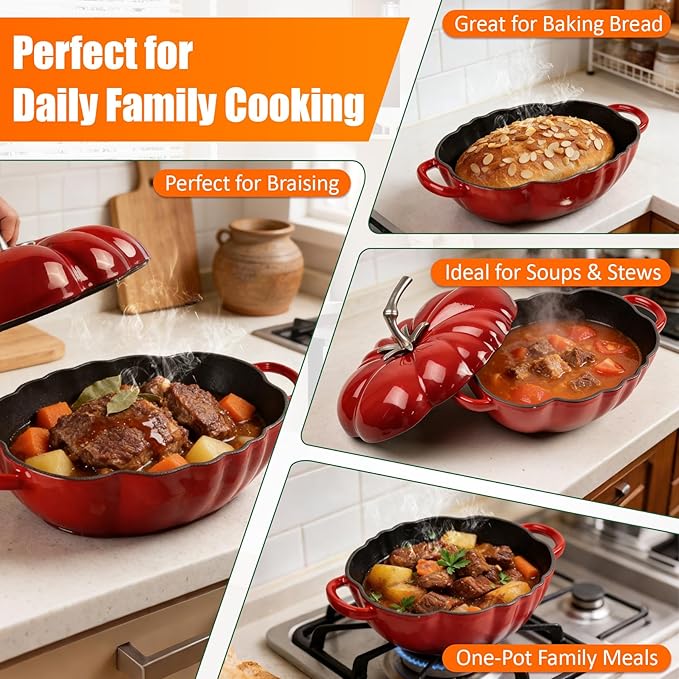 5 Qt Enameled Cast Iron Pumpkin Dutch Oven with Lid, Heavy Duty Pumpkin Pot for Bread Baking, Braising & Soups, 550°F Oven Safe Cookware Set, Superior Heat Retention, Includes Silicone Tools
