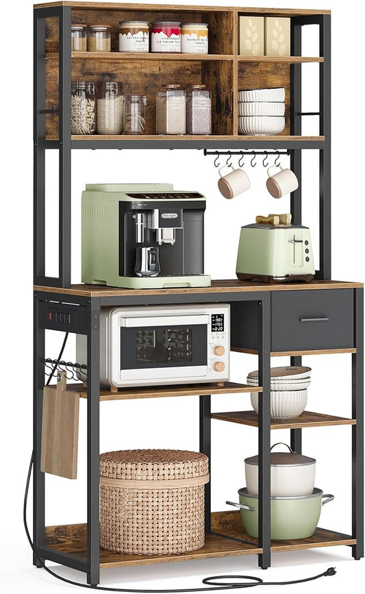 VASAGLE Bakers Rack with Charging Station, Coffee Bar, 15.7 x 31.5 x 71 Inches, Kitchen Microwave Stand, Adjustable Storage Shelves, Fabric Drawer, 12 Hooks, Rustic Brown and Ink Black UKKS015K01