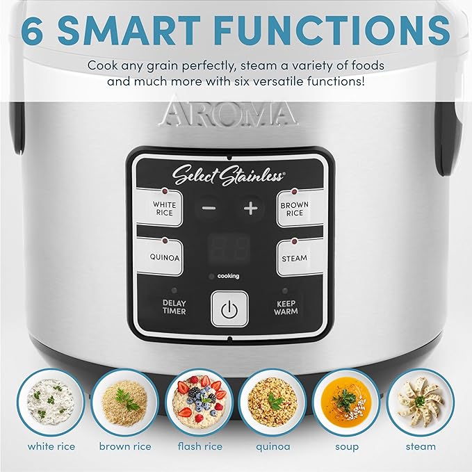 AROMA® Select Stainless® Rice Cooker, 4-Cup (Uncooked) / 8-Cup (Cooked), Stainless Steel Inner Pot, Multicooker, Steamer, 2 Qt, Stainless Steel, ARC-914SBDS