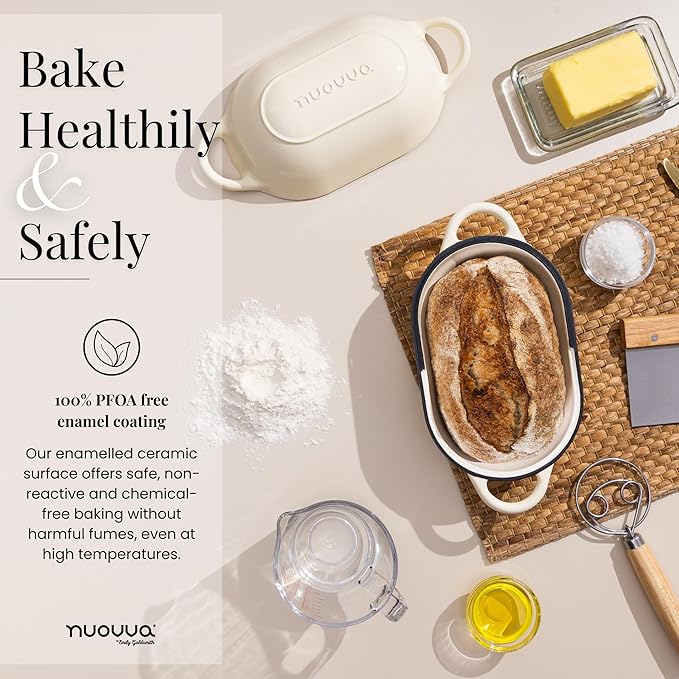 Dutch Oven For Sourdough Bread Baking – Enamelled Cast Iron Bread Loaf Pot – Oven Safe Non Stick Bread Pot – Rectangular, Cream, 24cm x 16cm – by Nuovva
