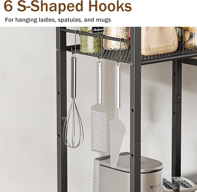Kitchen Bakers Rack,Microwave Stand with Storge 3-Tier,Coffee Bar Station,6 S-Shaped Hook,Kitchen Storage Shelf,33.7D x 14.9W x 29.9H Inches,Rustic Brown