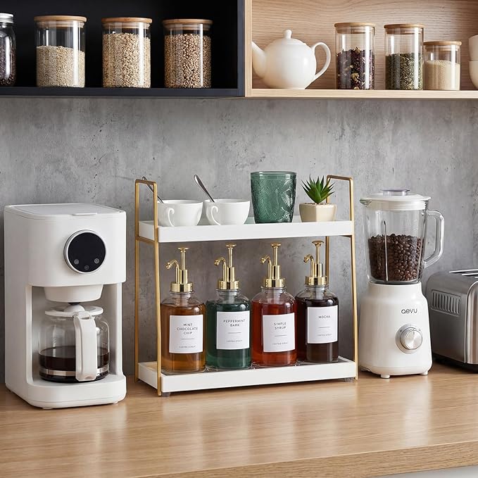 Leinuosen Coffee Bar Accessories, 2 Tier Wooden Cup Organizer Station and 4 Coffee Syrup Dispenser, 16.9 oz 500ml Glass Syrup Dispenser with 36 Labels and 1 Silicone Funnel