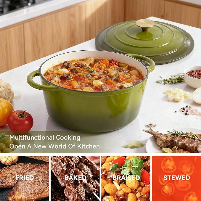 Miereirl 6 Quart Enameled Dutch Oven Pot with Lid, Cast Iron Dutch Oven with Dual Handles for Bread Baking, Cooking, Non-stick Enamel Coated Cookware, Golden Green