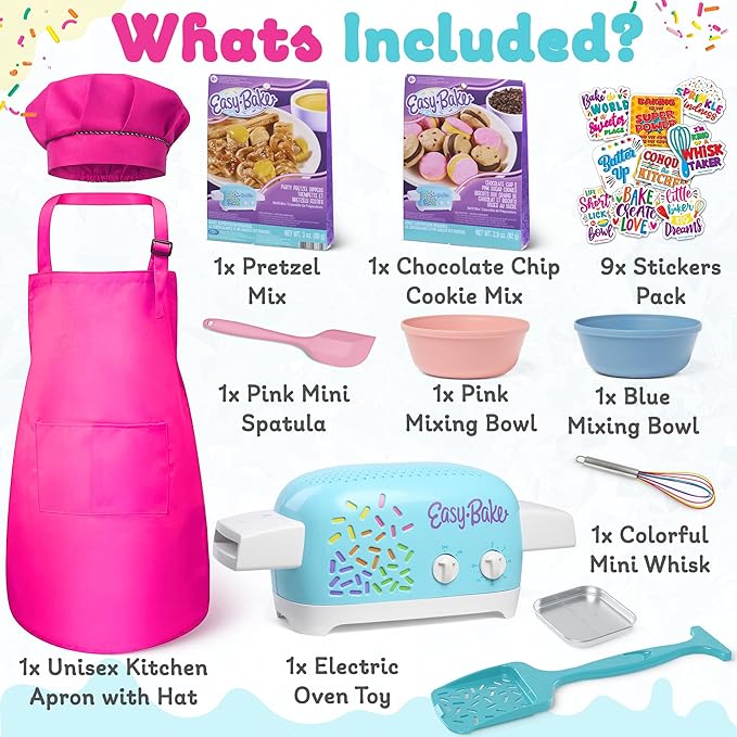 Ultimate Easy Baking Oven Bundle For Kids With 20 Items - Oven, 2 Refill Mixes, Apron, Hat, 2 Bowls, Spatula, Whisk, 9 Stickers, Baking Pan & Tool (Heroic Hot Pink Bundle)