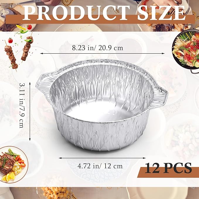 12 Pcs Disposable Aluminum Pot with Lid Round Foil Pans Disposable Cookware Food Container for Vacation Trips Camping Baking Heating Cooking (33.8 oz)