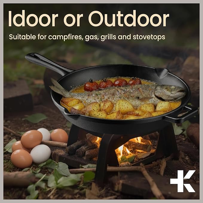 Bakken 12" Cast Iron Skillets, Pre-Seasoned Frying Pan with Even Heat Retention Cooking, Versatile for Stove, Oven, Grill & Campfire, Easy-Grip Handles, Hand Wash Only, 6.61 lbs
