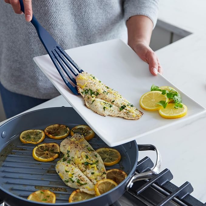 GreenPan Silicone 3 Piece Cooking Utensil Set, Fish Turner, Mixing Spatula, Solid Spoon, Flexible Nonstick Kitchen Tools Rigid Steel Core, Heat-Resistant Anti-Slip Handle BPA-Free Dishwasher Safe Blue
