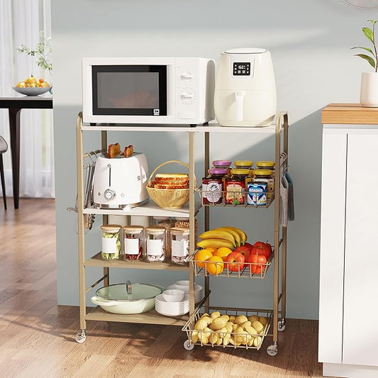 HapiRm Rolling Kitchen Microwave Cart - 4 Tier Microwave Table Stand with Pull-Out Baskets, Coffee Bar Baker's Rack with Wheels Rolling Storage Cart Organizer Shelf for Living Room Office, Balcony