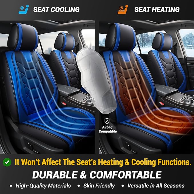 OASIS AUTO Car Seat Covers Front Seats, Sporty Honeycomb Waterproof Faux Leather Protectors, Universal Fit for SUV, Sedan, Truck Interior Accessories (OS-004 Black&Blue)
