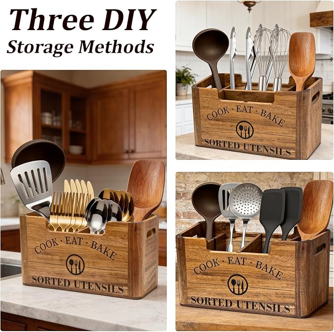2-in-1 Upgraded Kitchen Utensil Holder for Counter or Countertop, Extra Large Utensil Holder with Removable Portable Organizer, Acacia Rustic Wooden Utensil Holder for Storage Cooking and Silverware